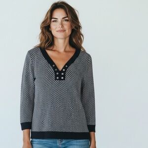 CABLE and GAUGE Lady size medium, long sleeve sweater, navy white and black.